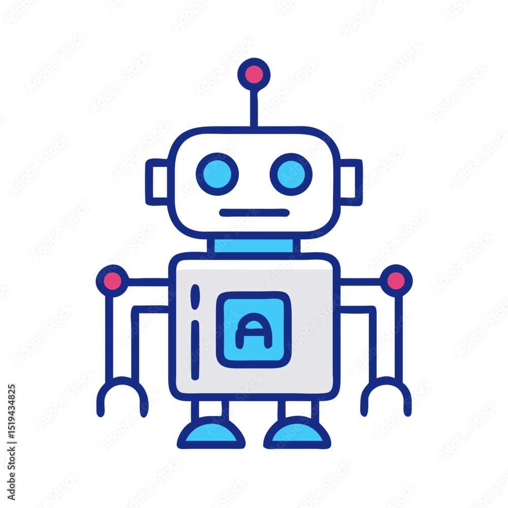 Naklejka premium Friendly robot character designed with simple features and vibrant colors for educational purposes and creative projects