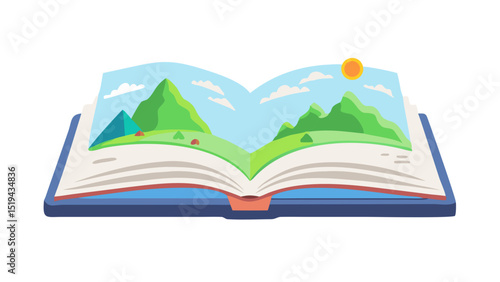 Open book illustrating a beautiful landscape with mountains and sun on a clear day in a colorful, cartoon style