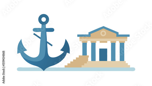 Symbolic representation of maritime heritage with an anchor and a historic building