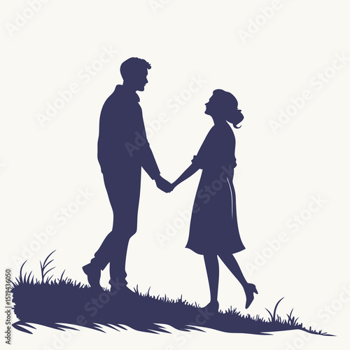Black vector silhouette illustration of a loving family together, father, mother, son, and daughter dancing with happiness