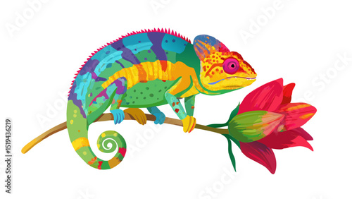Colorful chameleon perched on a vibrant flower branch during a sunny afternoon
