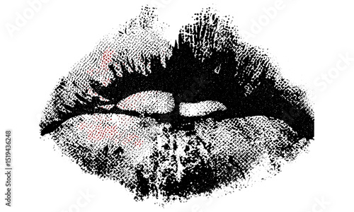 Grunge punk Y2K lipstick mouth with halftone stipple effect, vector illustration in grainy photocopy texture, retro banner design, dotted style, experimental design, pop culture, vintage design.