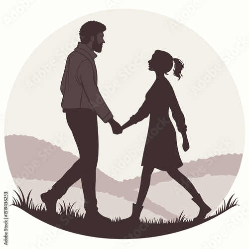 Silhouette of a loving couple kissing, a man and a woman, with their child walking, an illustration of family love