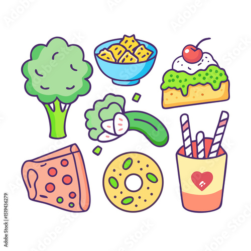 Colorful assortment of tasty snacks and healthy food items arranged playfully on a white background