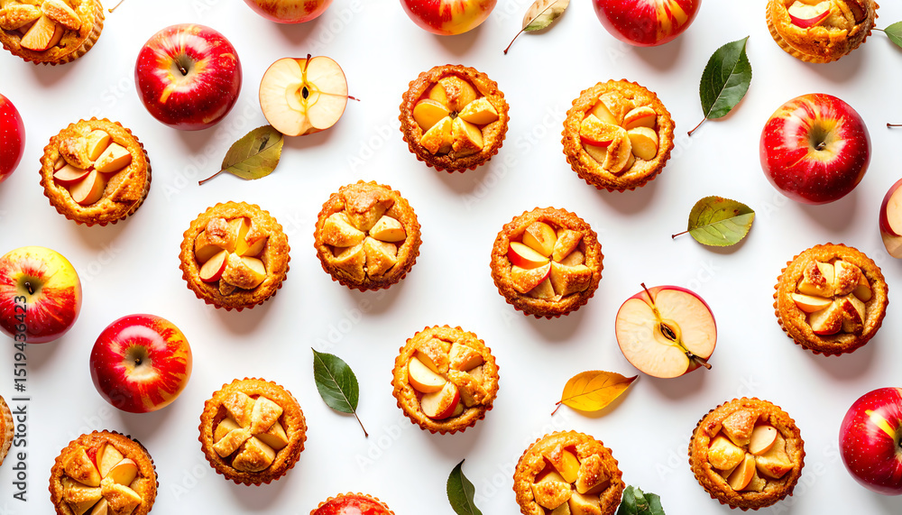 Delicious apple pies arranged on a white surface with fresh apples and leaves, perfect for fall celebrations. Delicious apple pies arranged on a white surface with fresh apples and leaves, perfect for fall celebrations.