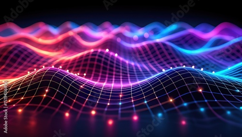 Colorful glowing grid wave pattern with flowing neon lines in purple, pink, red, and blue hues creating a dynamic, futuristic digital landscape
