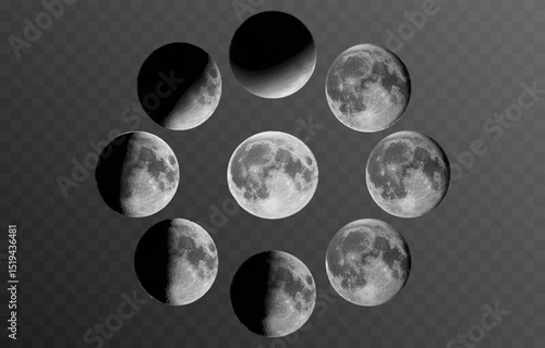 Set of realistic vector moon on an isolated transparent background. Moon vector png.