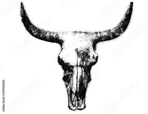 Grunge punk y2k collage with longhorn cow skull vector illustration, halftone stipple effect, experimental retro banner design, grainy photocopy texture, dotted retro style.