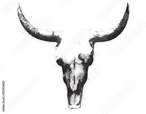 Vector illustration of longhorn cow skull with halftone stipple effect, grunge punk y2k style, grainy photocopy texture, dotted retro design, experimental banner art.