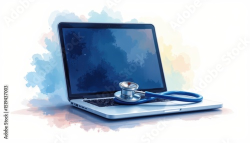 Wallpaper Mural create a digital watercolor illustration of a stethoscope resting on top of a laptop, symbolizing the intersection of traditional and modern healthcare Torontodigital.ca