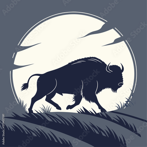 Silhouette of a majestic bison grazing in a field with full moon backdrop