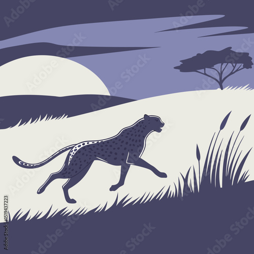 Cheetah on the Prowl in the African Savannah with the Sunset