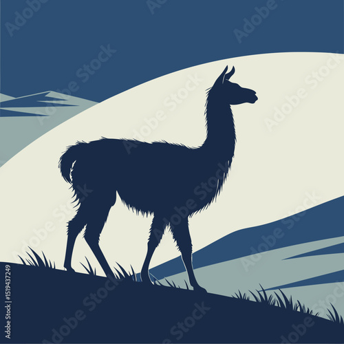 Llama Silhouette in a Mountain Landscape with a Minimalist Artistic Style
