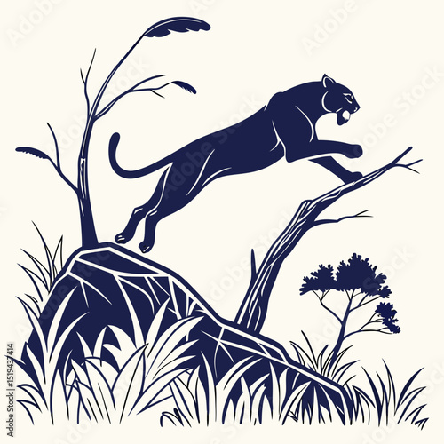 A majestic panther leaps from a rocky outcrop surrounded by stylized foliage