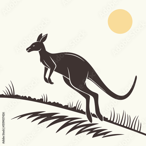 Silhouette of a kangaroo jumping through grassy fields under a bright sun