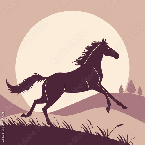 Silhouette of a horse galloping across a field during sunset or sunrise