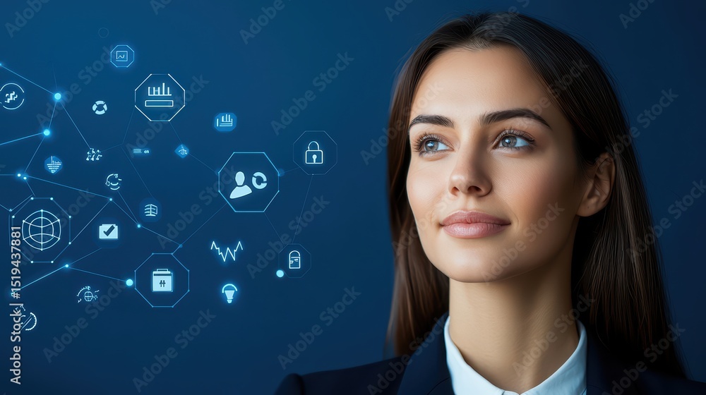 Businesswoman in Professional Attire with Digital Icons Representing Technology and Data in the Background Businesswoman in Professional Attire with Digital Icons Representing Technology and Data in the Background