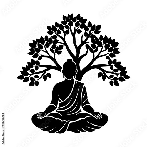 Silhouette of buddha meditating under a tree with dense foliage design