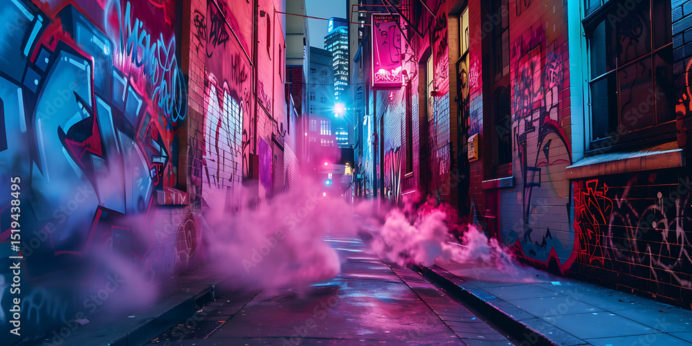 Fototapeta premium Misty Urban Alley Illuminated by Vibrant Pink and Blue Lights Showcasing Colorful Graffiti on the Walls