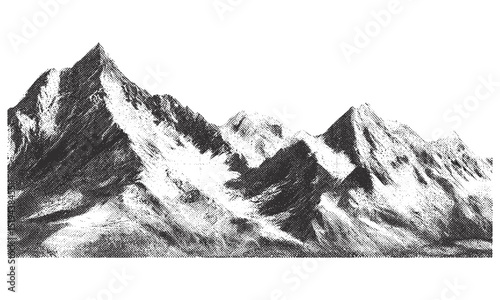 Halftone stipple mountain range, dotted snowy cliff, abstract vector illustration, pointillist grunge texture, retro landscape design, noise overlay, snowy terrain.
