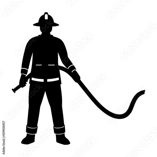 Silhouette of a firefighter holding a hose wearing protective gear and hat