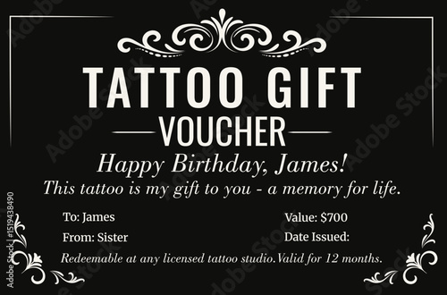 Tattoo voucher template. Tattoo gift ticket Ticket template. Birthday gift. Tattoo gift ticket