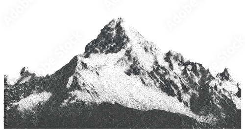 Foto Mountain range vector illustration, halftone gradient, pointillist grunge texture, snowy cliff dotted design, abstract landscape art, grainy noise, retro style