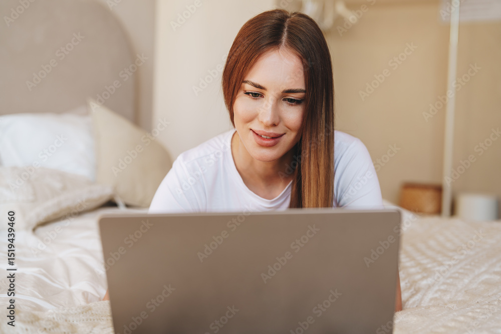 Woman using laptop while sitting on bed in cozy bedroom during daytime Woman using laptop while sitting on bed in cozy bedroom during daytime