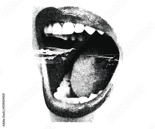 Mouth in scream, grunge psychedelic surreal design, vintage stipple photocopy effect, retro grainy texture, collage element, vector illustration, tattoo art, 90s aesthetic.
