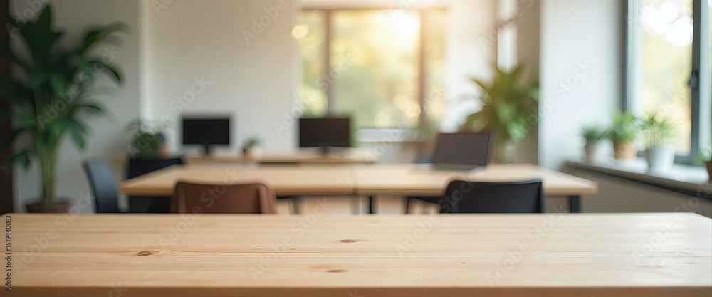 Empty wooden table in a modern blurred office background with natural light, ideal for product display or copy space. Workspace concept. Empty wooden table in a modern blurred office background with natural light, ideal for product display or copy space. Workspace concept.