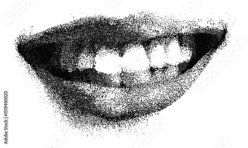 Mouth in smile halftone stipple effect, grunge punk y2k collage design, vector illustration for retro brutalist vintage banner, abstract vector, retro art, minimalist design, artistic illustration.