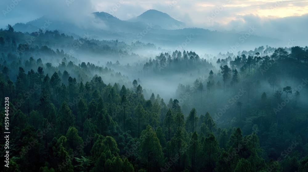 Obraz premium Misty mountain range covered in lush forests.