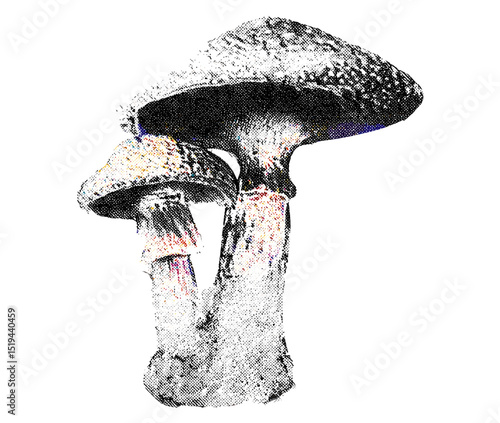 Retro grainy texture, mushroom collage element, vintage stipple photocopy, psychedelic surreal poster, vector illustration for 90s aesthetic, trippy art, abstract nature, grunge design.