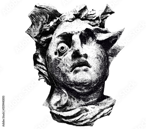 Ancient statue head, retro grainy texture, vintage stipple photocopy effect, vector illustration for surreal poster, tattoo, psychedelic art, 90s aesthetic, grunge style, mystical vibes.