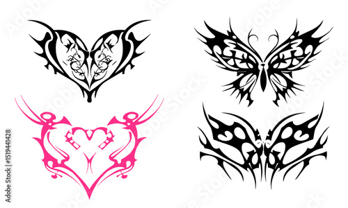 Black pink emo gothic tribal tattoo designs, vector illustration of neo tribal y2k tattoos, hand drawn heart and butterfly shape, cyber sigilism ornaments, edgy modern tattoo vector.