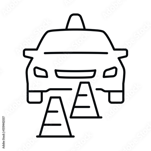 Driving school icon featuring a car and traffic cones for learner education in safe driving practices