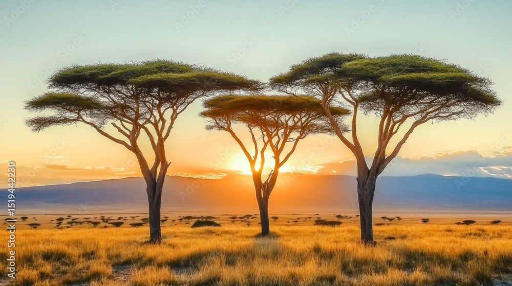 Stunning Sunset Over African Savannah Featuring Acacia Trees and Golden Light Illuminating the Sky Stunning Sunset Over African Savannah Featuring Acacia Trees and Golden Light Illuminating the Sky