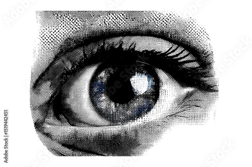 Open human eye in halftone texture, retro collage art, vintage pop art style, grunge punk theme, dotted crazy artwork, vector illustration, surreal face design, modern visual concept.