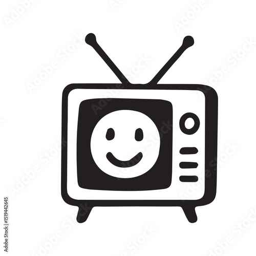 Simple black and white cartoon TV with happy face
