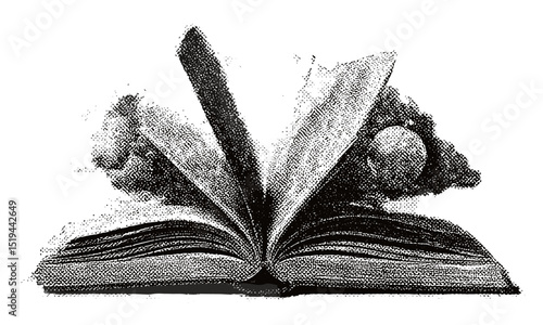 Collage element, opened book with stipple effect, grainy texture, retro 90s aesthetic, psychedelic art, vector illustration for tattoo, surreal poster, vintage design, retro illustration.