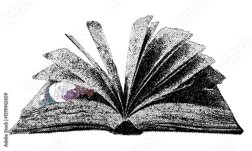 Opened book, vintage stipple photocopy effect, retro grainy texture, grunge psychedelic surreal poster, tattoo art, 90s aesthetic, vector illustration, abstract design, art collage, retro style.