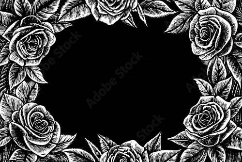 A hand-drawn black and white sketch of a floral wreath made of roses and leaves, perfect for wedding invitations
