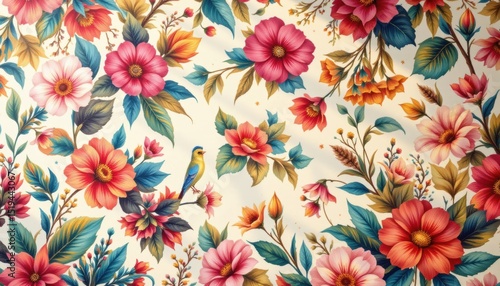 create an image featuring a style that incorporates exotic floral pattern wallpaper texture, with a clear and distinct subject positioned on the right under morning radiance