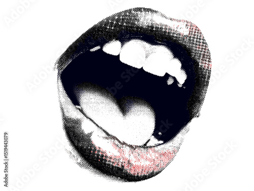Retro pop art style woman lips scream, halftone texture, punk grunge art, vector illustration, collage elements for design, scream mouth, vintage grunge punk, mixed media art, halftone pop art.
