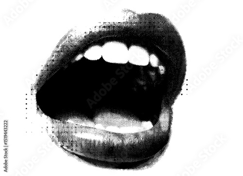 Vintage grunge punk art, woman lips in scream, retro halftone texture, pop art collage elements, vector illustration, mixed media design, scream mouth in pop art style, vintage pop art textures.