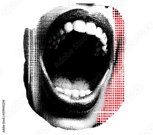 Opened woman mouth in scream, retro halftone collage, pop art style, lips in dotted texture, vintage grunge punk design, vector illustration, crazy art templates, mixed media art, halftone texture