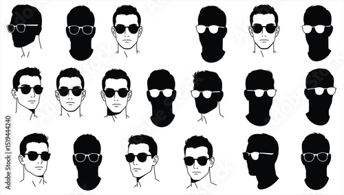 Vector illustration of diverse men's faces with various beard styles and sunglasses, ideal for barbershop, grooming, fashion, and character design related graphic projects.