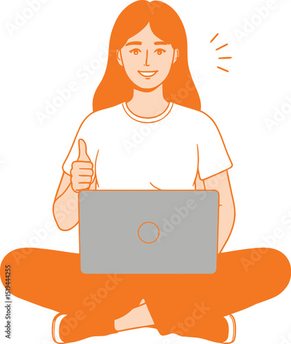 Happy woman giving thumbs up while using laptop computer in a lotus position