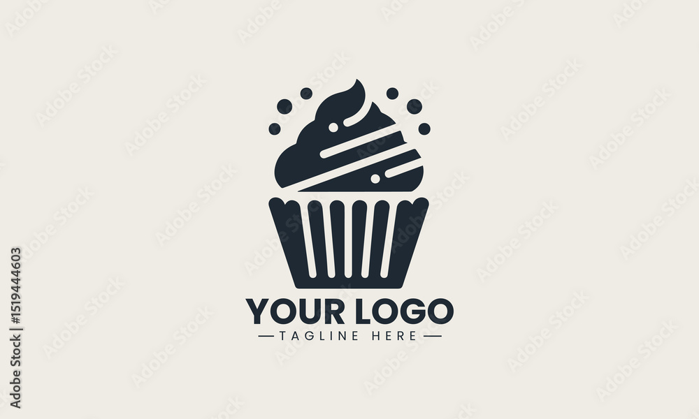Cute cupcake with swirled frosting in striped paper liner vector logo design for dessert branding Cute cupcake with swirled frosting in striped paper liner vector logo design for dessert branding