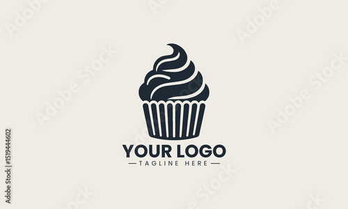 Cute cupcake with swirled frosting in striped paper liner vector logo design for dessert branding